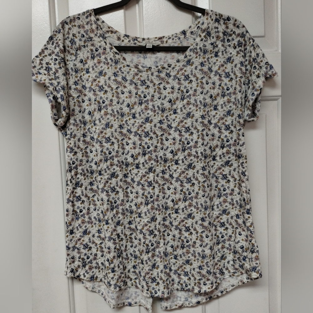 Lucky Brand White Scoop Neck Tee with Blue and Brown Floral Print